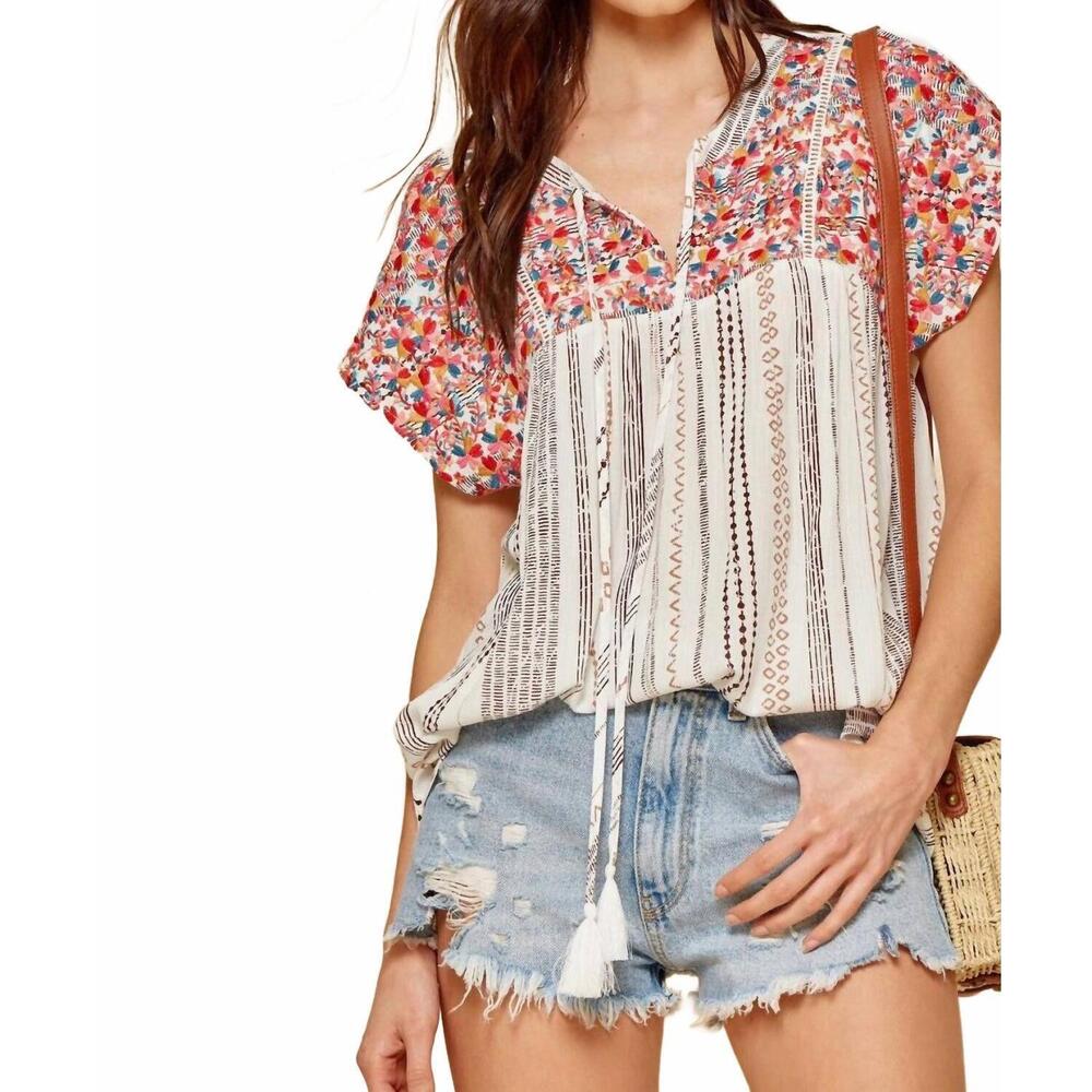 NEW ANDREE BY UNIT striped babydoll embroidered top in ivory